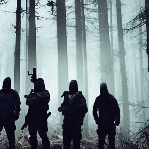 Image similar to low quality iphone photo of the payday 2 videogame crew standing ominously deep in the foggy woods low visibility creepy, grainy, trail cam footage