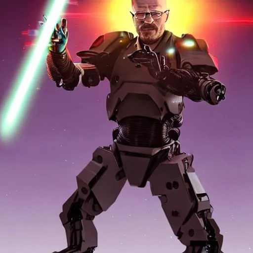 Prompt: Walter White firing lasers from his cybernetic battle armor, highly detailed, centered, concept art, 4k