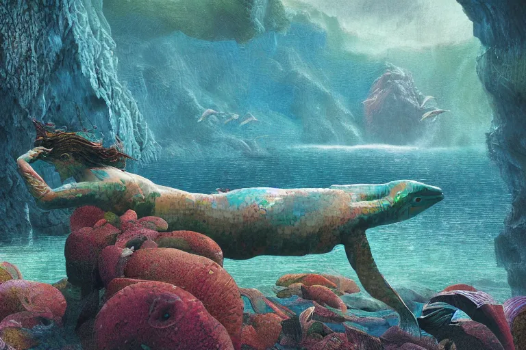 Image similar to mosaic of legendary mermaid in stylised sea with dolphins and fish in vast natural cave, mist, morning light, octane render, digital illustration by Zdislav Beksinski on artstation