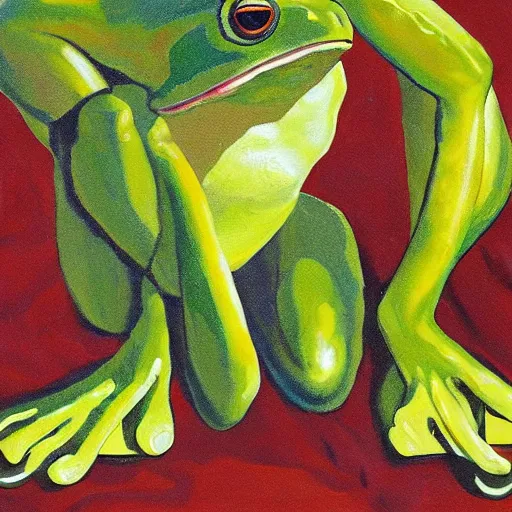 Prompt: Alex Jones with frog legs, painting