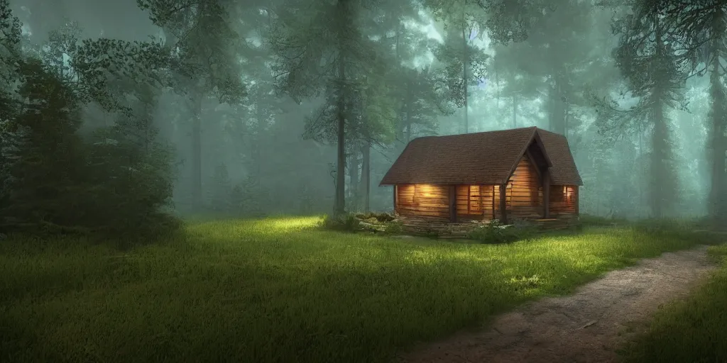 Prompt: a cottage in the woods and empty woods, fantasy, hyper realistic, dramatic lighting, 8k