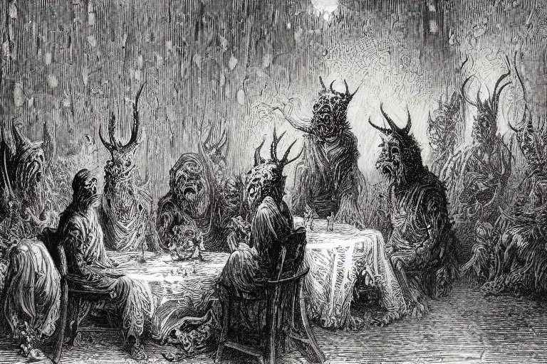 Image similar to demons eating cake, Gustave Dore lithography