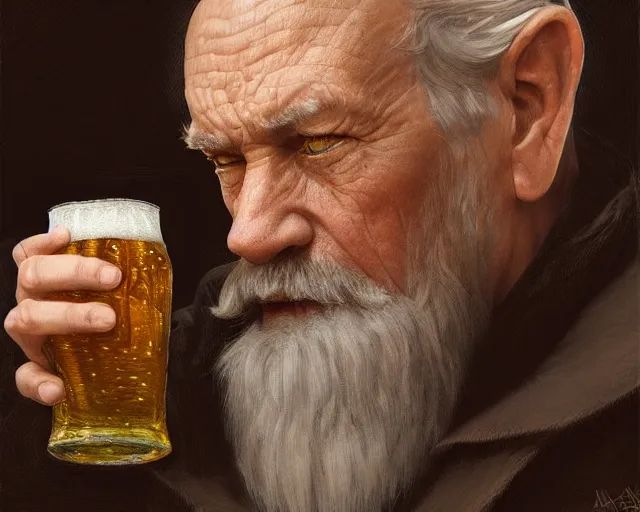 Prompt: detailed vision of an old man frowning as he drinks a beer, deep focus, d & d, fantasy, intricate, elegant, highly detailed, digital painting, artstation, concept art, matte, sharp focus, illustration, hearthstone, art by artgerm and greg rutkowski and alphonse mucha