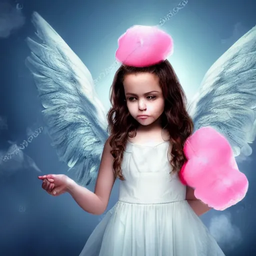 Prompt: girl angel with wings of cotton candy, gorgeous face, surreal beauty