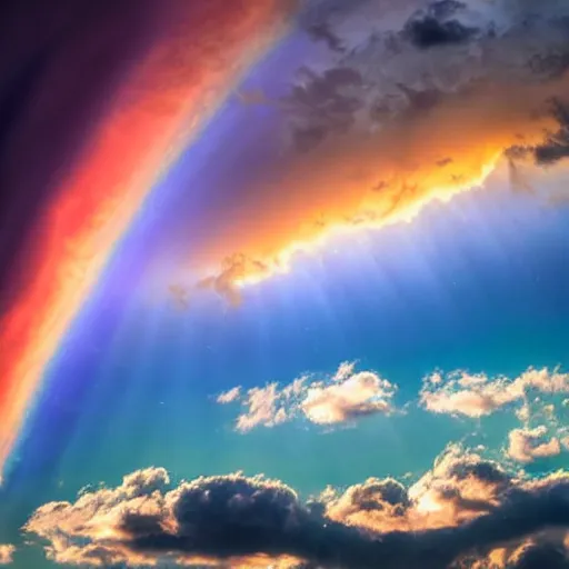 Prompt: transcendent storm upon the horizon heralded by angels. high quality photography polychromatic clouds. realistic