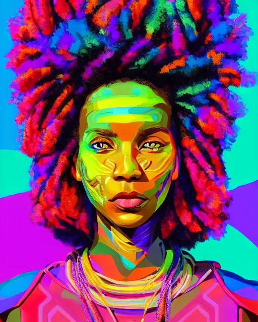 Image similar to colorful portrait of a black woman hippie with cybernetics and a natural hair style, but set in the future 2 1 5 0 | highly detailed | very intricate | symmetrical | professional model | cinematic lighting | award - winning | painted by mandy jurgens | pan futurism, dystopian, bold psychedelic colors, cyberpunk, anime aesthestic | featured on artstation