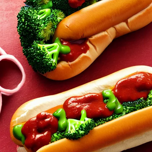 Image similar to photo shoot portrait of a delicious hot dog with broccoli and spaghetti, mustard and ketchup, uhd, 8k, detailed,