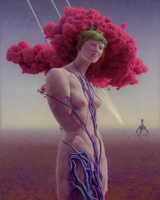 Image similar to A portrait of a woman wearing clothes made out of dying flowers, nuclear explosion in the background, Masterpiece, blue skin, glowing, wires everywhere, by Edgar Maxence and Ross Tran, Zdzisław Beksiński, and Michael Whelan, distant, gustav dore, H.R. Giger, 8k, octane render