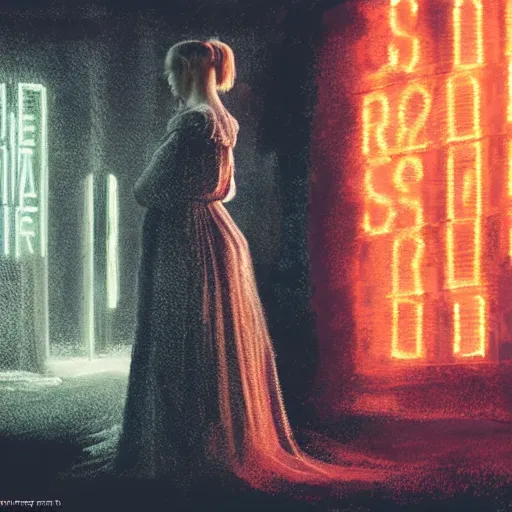 Image similar to silhouette of Elle Fanning in a graveyard, stormy weather, extremely detailed masterpiece, oil on canvas, low-key neon lighting, artstation, Blade Runner 2049, Roger Deakin’s cinematography, by J. C. Leyendecker and Peter Paul Rubens,