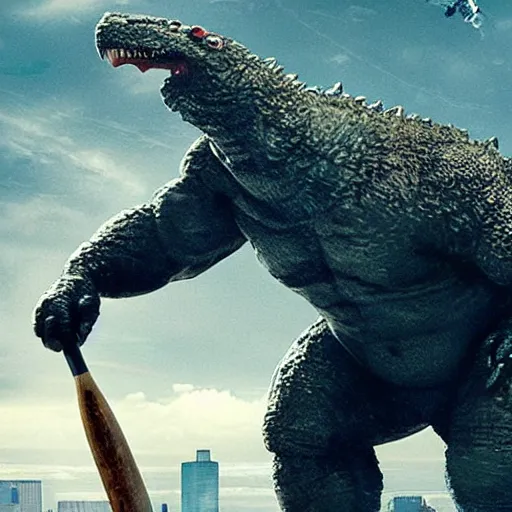 Image similar to movie poster of dwayne johnson with a baseball bat fighting godzilla outside a space station