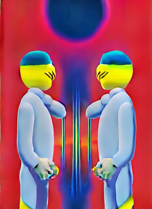 Prompt: duality of men by shusei nagaoka, kaws, david rudnick, airbrush on canvas, pastell colours, cell shaded, 8 k,