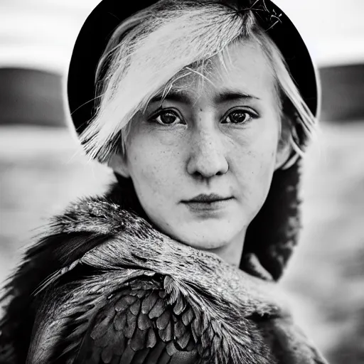 Image similar to symmetry!! portrait photograph shot on petzval lens of an extremely beautiful!!!! young blonde female with symmetric face. with a very detailed barn owl!!!!! on her shoulder. wearing mongolian traditional outfit in iceland. shallow depth of field. featured on flickr, art photography,