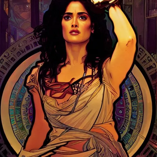 Image similar to salma hayek portrait by alphonse mucha, cyberpunk city bar, perfect proportions, beautiful face, perfect eyes, real life colors, elegant, sharp focus, hyper - realistic, 4 k, highly detailed, hd, dramatic lighting by brom