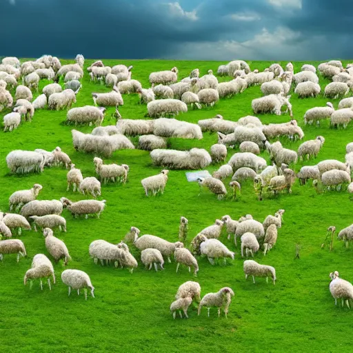 Prompt: A flock of sheep in a green meadow, with spaceships flying overhead