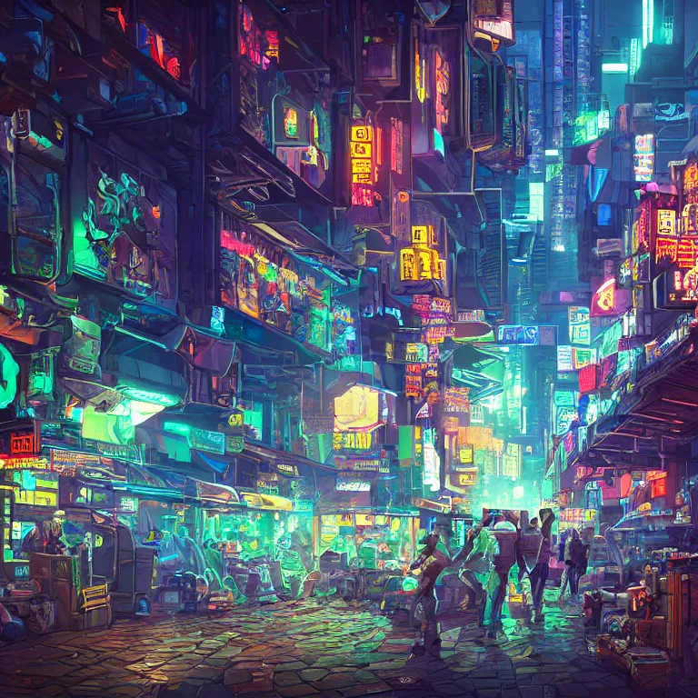 Image similar to fantastic lighting, pixel art, high detail, cyberpunk market, 2 d