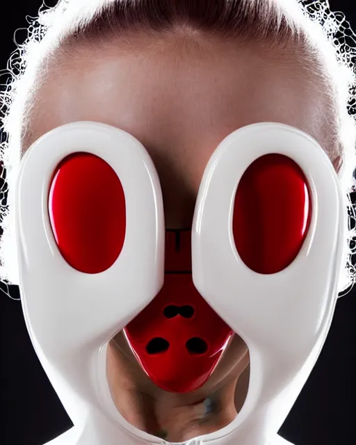 Image similar to symmetrical portrait of a woman wearing a red embroidered translucent silicone mask and white frizzy hair buns, wearing a black bodysuit by alexander mcqueen, cream white background, soft diffused light, biotechnology, humanoide robot, futuristic aesthetic, translucent, ethereal, intricate details, highly detailed, masterpiece,