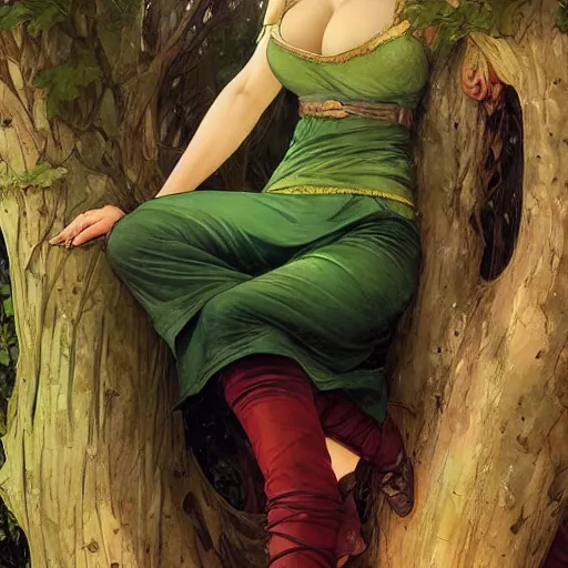 Image similar to portrait of a woman resting on large tree, skimpy dark red clothing, blonde hair, green lines, sharp focus, intricate, cinematic lighting, smooth, ultra realistic illustration, high fantasy, elegant, by artgerm, greg rutkowski, alphonse mucha magali villeneuve