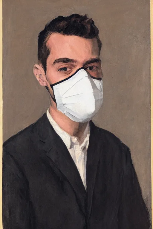 Image similar to portrait of young man wearing black medical mask, style of coby whitmore