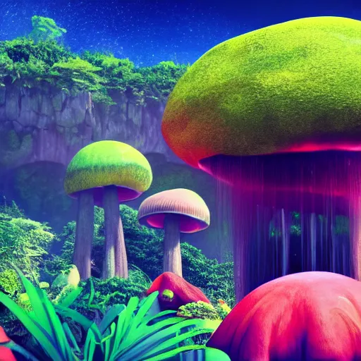 Prompt: colorful alien planet background, giant mushrooms, waterfall, tropical vegetation, rocks, anime, octane render, 4 k, ingame shot