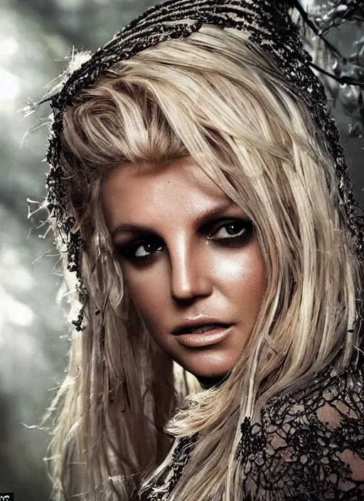 Image similar to Beautiful , Looks like Britney Spears, In the woods, Dramatic, Edge, Good, Infused, Backlight, De-Noise, VFX, insanely detailed and intricate, hypermaximalist, elegant, ornate, hyper realistic, super detailed