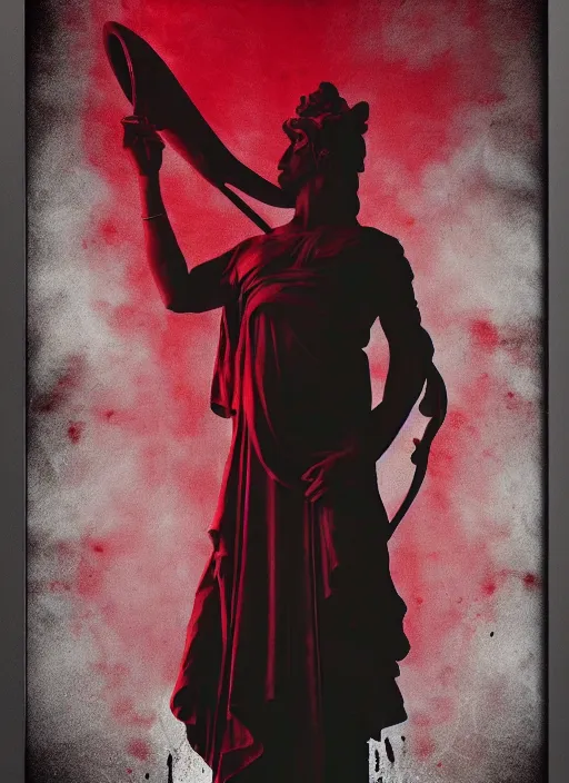 Prompt: elegant dark design poster showing a greco roman statue, black background with very subtle red and purple design elements, powerful, nekro, vito acconci, thin straight lines, dark, glitch art, neo vaporwave, gritty, layout frame, square, extremly detailed, trending on artstation