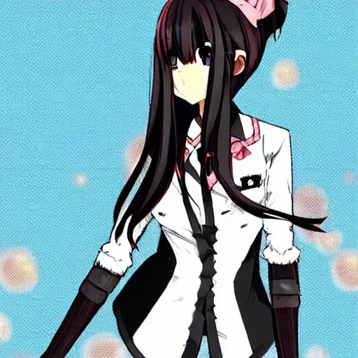 Image similar to Anime Screenshot of a “red-eyed black-haired anime fox girl” wearing black fingerless-gloves, high-waist-black-skirt, white-collared-shirt blue-open-jacket, black-necktie, unsheathing her katana, white background, visual-key, anime illustration, pixiv, anime-twitter