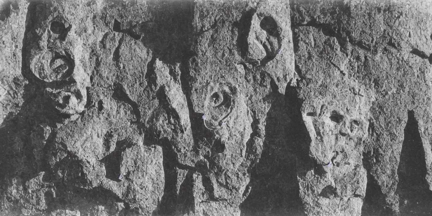 Prompt: photography of petroglyphs of alpine tyrolean masks, dolomites in background, 1. 2 f, 3 5 mm, dark, eerie, 1 9 2 0 s ghost photography