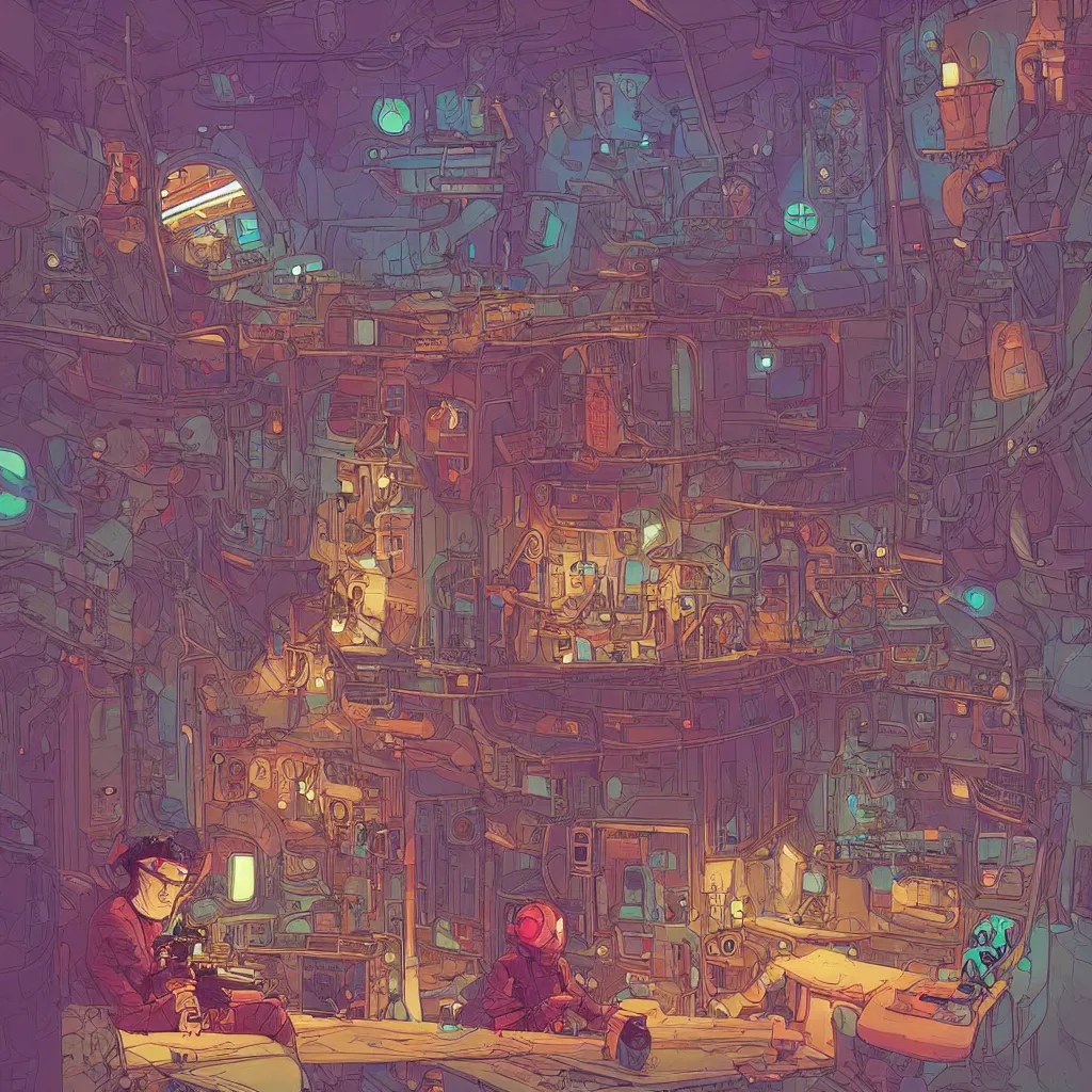 Image similar to Stunningly intricate illustration of an explorer playing video games in his treehouse, wearing cyberpunk headpiece, highly detailed, midnight, by Josan Gonzalez and James Gilleard , Moebius, Laurie Greasley