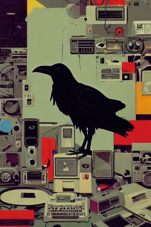 Image similar to a raven drowning in 8 0 s era technology, vintage shapes, retro technology, soft color, wayne barlow, oil on canvas, deep depth of field, masterpiece, cinematic composition, hyperdetailed