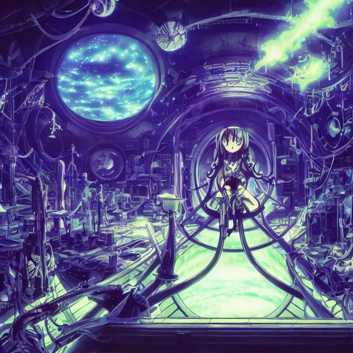 Image similar to Albedo from overlord, mamimi samejima, psychedelic background, epcot, inside a space station, eye of providence, female anime character, Lain, uwu, uwu, Luminism, Tomas Sanchez, Karla Knight, surrealism, Simon Stålenhag, M. C. Escher, Ruan Jia, uwu Hi-Fructose, Artstation, HD, HDR, High Resolution, technological rings, giygas