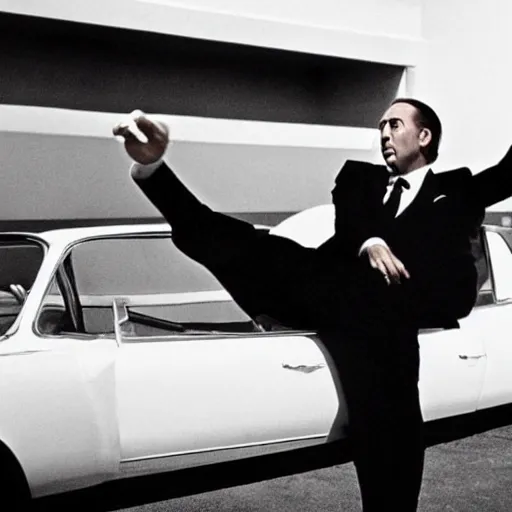 Prompt: nicholas cage as james bond, goldfinger 1 9 6 4 iconic film still, perfect composition