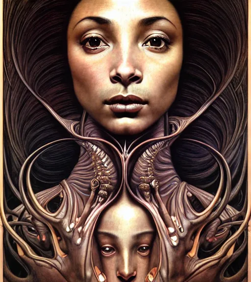 Image similar to detailed realistic beautiful young sade adu face portrait by jean delville, gustave dore and marco mazzoni, art nouveau, symbolist, visionary, baroque, intricate biomechanical fractal. horizontal symmetry by zdzisław beksinski, iris van herpen, raymond swanland and alphonse mucha. highly detailed, hyper - real, beautiful