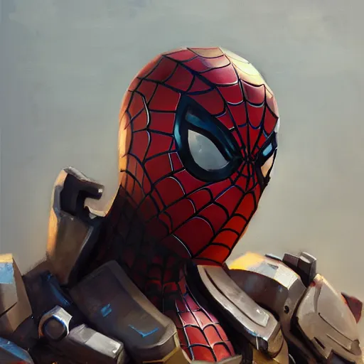 Image similar to greg manchess portrait painting of partially armored iron spiderman as overwatch character, medium shot, asymmetrical, profile picture, organic painting, sunny day, matte painting, bold shapes, hard edges, street art, trending on artstation, by huang guangjian, gil elvgren, ruan jia, greg rutkowski, gaston bussiere