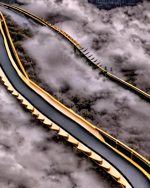 Image similar to a high definition photograph of a roller coaster track that goes up into the dark clouds