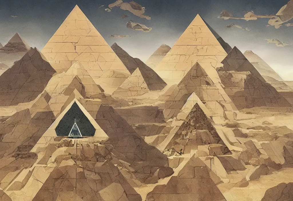 Prompt: a geometric pyramid landscape with eyes of marble, art by cliff chiang and greg rutkowski, surrealism by dali, very detailed, high resolution, symmetry