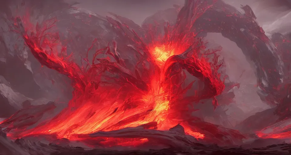 Image similar to a volcano made of ivory vines and crimson rocks enters in eruption, it spits a smoke in the shape of demonic eye, by League of Legends concept artists