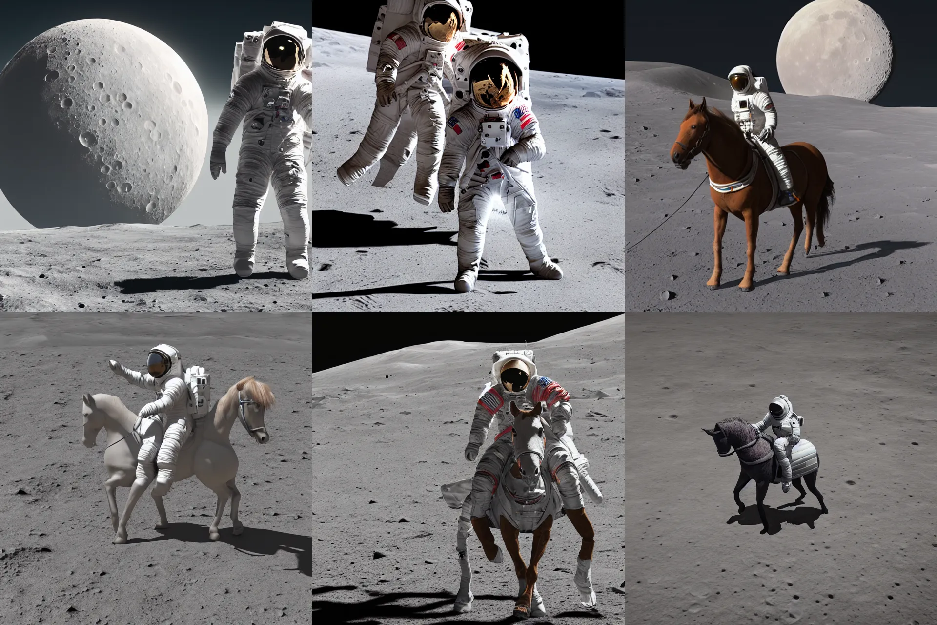 Prompt: a high quality 3D render of an astronaut riding a horse on the surface of the moon, 4K, hyperrealism, Unreal Engine, octane render