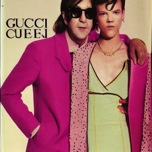 Prompt: Pink dress on the cover of Gucci magazine, made by Elton John and John Lennon