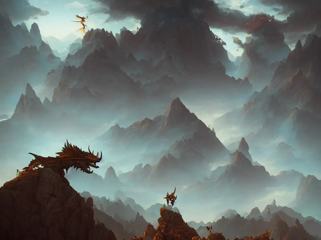 Prompt: mountain reaches into the sky, a dragon flies behind by peter mohrbacher and dan mumford and nekro, cgsociety, volumetric light, 3 d render