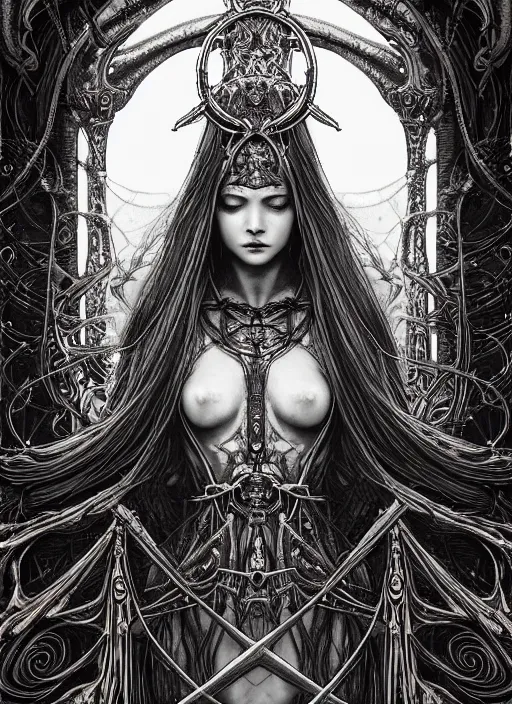 Prompt: beautiful priestess girl tarot card portrait, biomechanical, intricate artwork masterpiece, majestic, elden ring cinematic lighting, volumetric 8 k, by apollonia saintclair, josan gonzalez, zdizslaw beksinski, edmund leighton, kilian eng, trending on cgsociety, 8 k