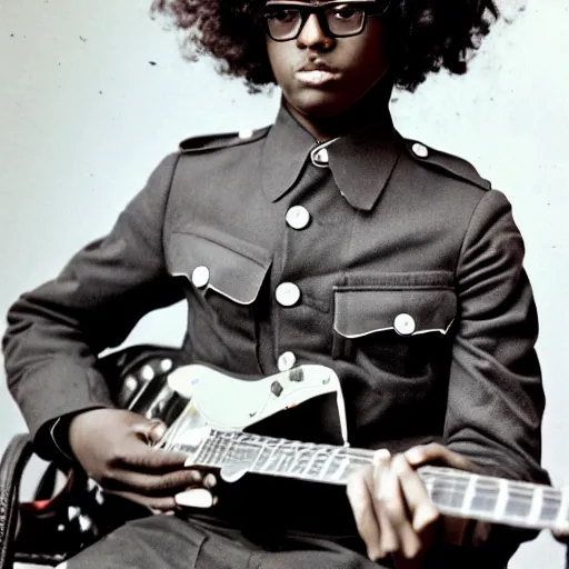 Prompt: black boy with long curly hair, wearing glasses, holding a electric guitar, as a world war I soldier, photograph, colorized, damaged
