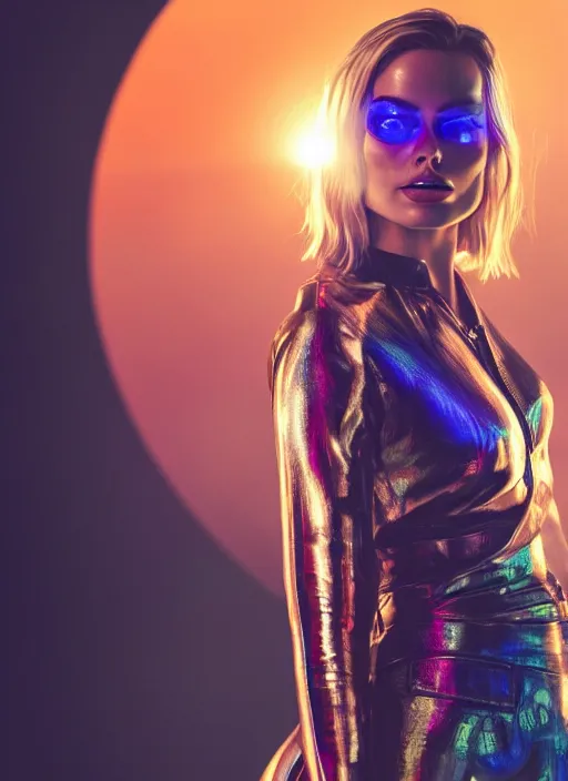 Prompt: beautiful Margot Robbie wearing a Cyberpunk outfit, accurate anatomy, abstract sun in background, shiny soft skin, soft lighting, sharp details, warm colors, full body portrait, 35 mm film, subsurface scattering, lens flare