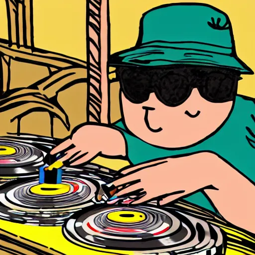 Prompt: a tiger wearing a bucket hat and a hawaii shirt playing vinyl records on DJ turntables at an outdoor bar, children\'s book drawing