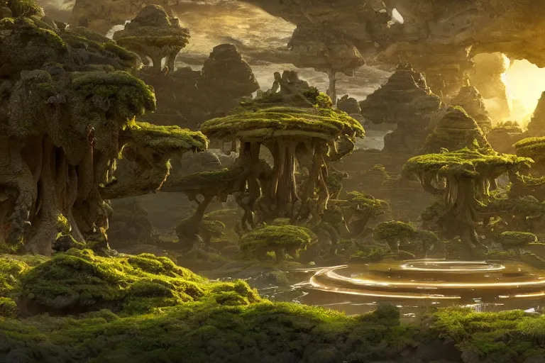 Image similar to highly advanced civilization living in hindu temple inspired space colonie, floating islands connected with roots, avatar like landscape, high - tech space cult with trees and plants and alien flowers, dramatic lighting, epic, octane render, volumetric light, unreal engine, artbreeder, 8 k, background, scene, digital, artwork, high quality, 8 k