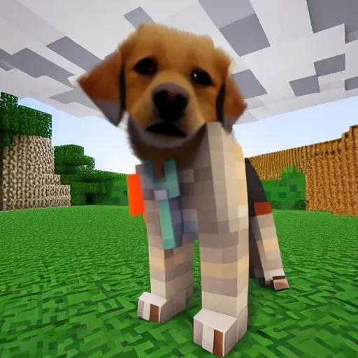 Image similar to a real dog sitting in minecraft, photography,