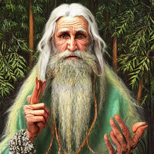 Prompt: a high detailed hyper-detailed painting of an old psychedelic and mystical hermit with white hair and a long beard, his skin has wrinkles and striking textures, he has an open third eye and is in a fantastic forest with magical creatures like sylphs, elves and elves
