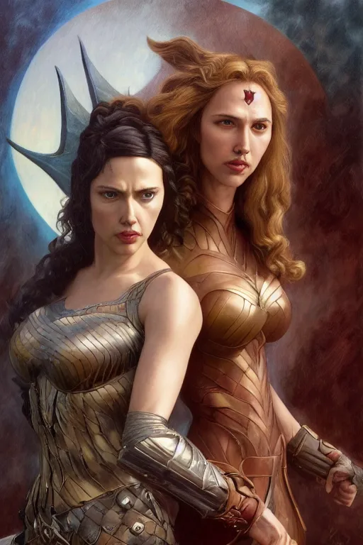 Prompt: A fantasy comic book style Oil Painting portrait of hybrid Scarlett Johansson and Gal Gadot, as Atlantean Reptilian Warriors, Mystical Valkyrie, unreal 5, DAZ, hyperrealistic, octane render, Regal, Refined, Detailed Digital Art, RPG portrait, William-Adolphe Bouguereau, Michael Cheval, Walt Disney (1937), François Boucher, Steampunk, Josephine wall, dynamic lighting, Highly Detailed, Cinematic Lighting, Unreal Engine, 8k, HD