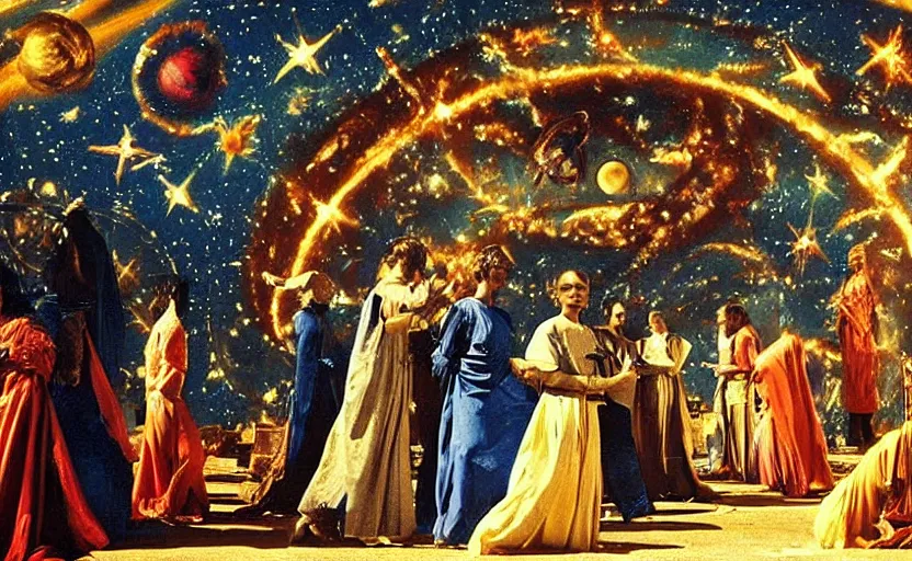 Image similar to scene from cosmologica ( 1 9 6 9 ), a movie by luchino visconti showing a man played by mastroianni leaving the medieval cosmos to enter the new modern universe in the style of renaissance cosmological painting. blue sky with a lot of stars and planets. cinematic, technicolor, direct lighting, highly detailed, highly intricate.