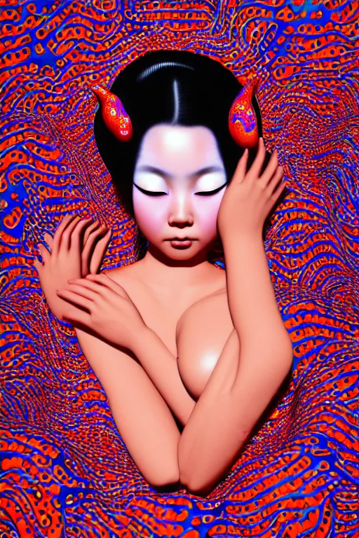 Image similar to realistic detailed image of a geisha laying down in a padded room, conjuring psychedelic background, part by yayoi kusama, part by alex gray, part by ross tran, part by james jean, ultra realistic, highly detailed, 8 k, trending on artstation, very cohesive, masterpiece