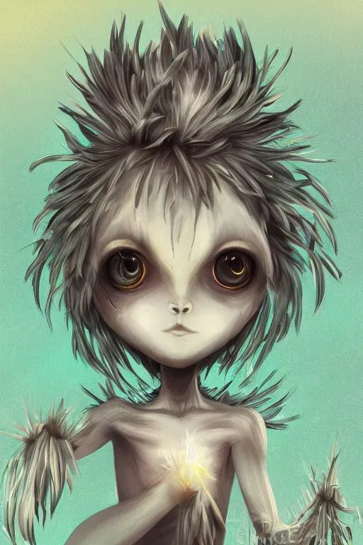 Image similar to a glowing humanoid figure dandelion monster with large eyes, highly detailed, digital art, sharp focus, trending on art station, artichoke, anime art style